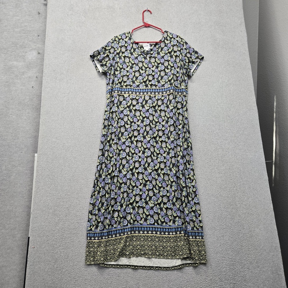 J Jill Women Dress 1X WOMEN'S Black Floral A-Line Cottagecore Short Sleeve Maxi